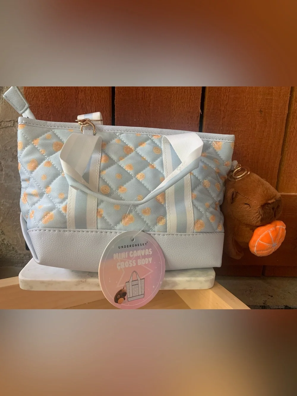 Under One Sky Girls Light Blue Quilted Mini Duffel Cross Body with Plushie
